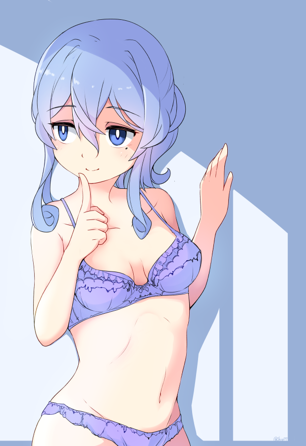 1girl, blue_bra, blue_eyes, blue_hair, blue_panties, bra, finger_to_mouth, gotland_(kantai_collection), hair_between_eyes, kantai_collection, mole, mole_under_eye, okitarou_(okiyo), panties, smile, solo, underwear, underwear_only