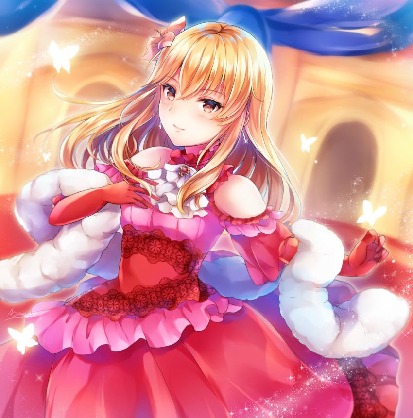 1girl, ayame_(norie11), bangs, bare_shoulders, black_legwear, blonde_hair, brown_eyes, closed_mouth
