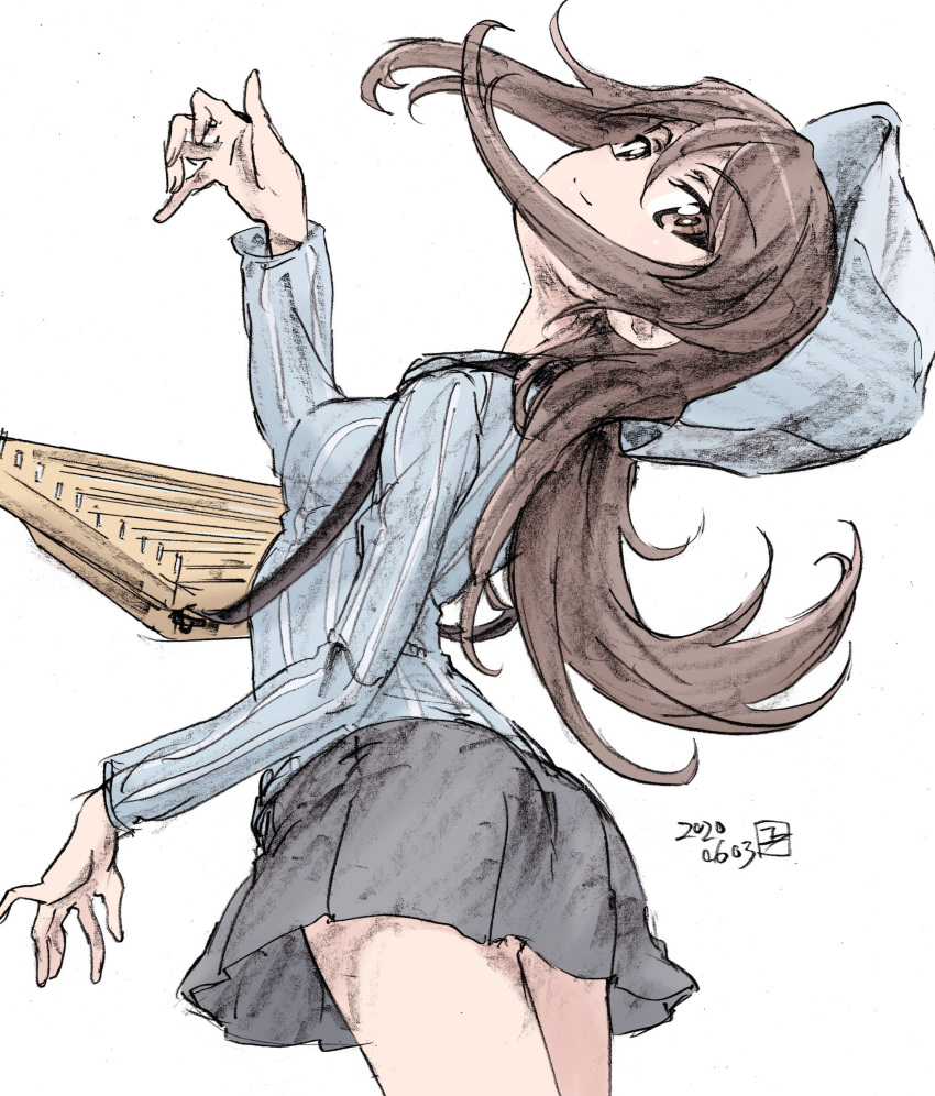 1girl, arched_back, artist_name, bangs, blue_headwear, blue_shirt, brown_eyes, brown_hair