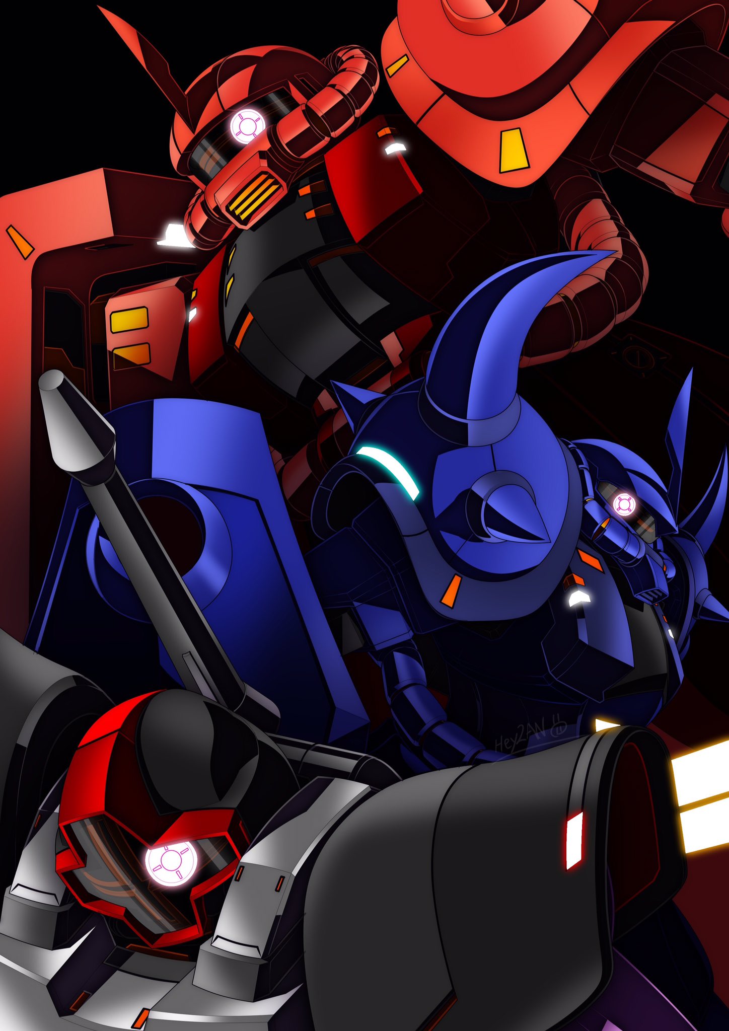 black_background, close-up, dom, gouf, gundam, heyzan, highres, horns