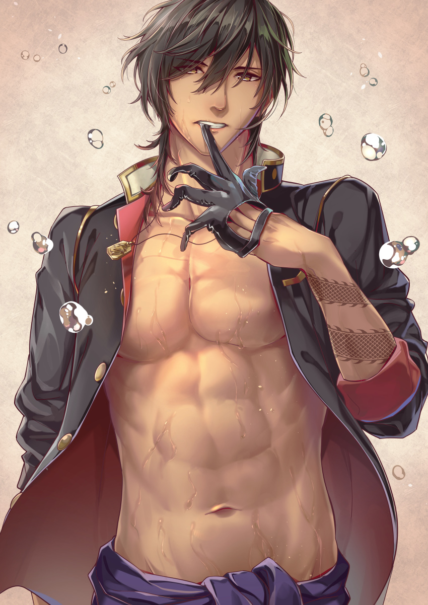 1boy, abs, absurdres, arm_tattoo, biting, black_gloves, brown_hair, bubble