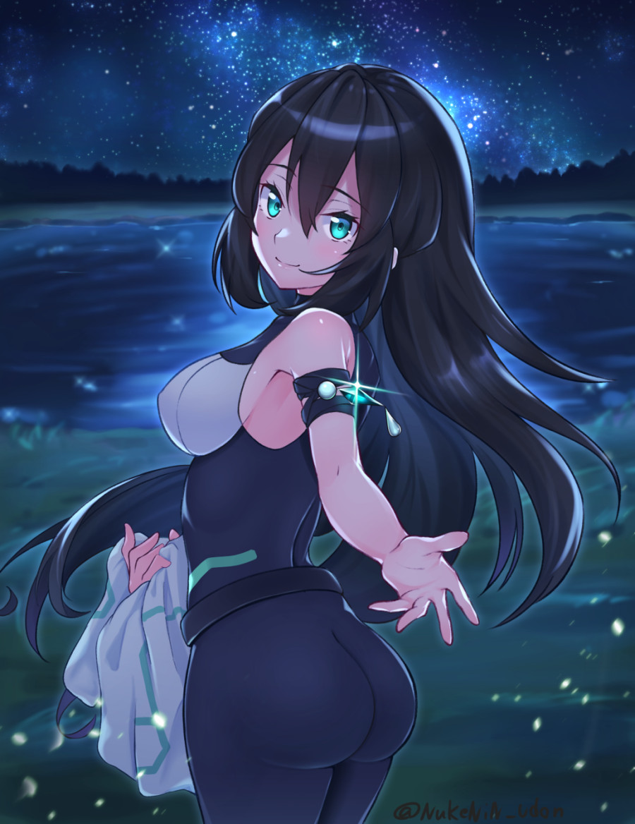 1girl, arm_strap, ass, black_hair, breasts, covered_nipples, green_eyes, gundam, gundam_build_divers, gundam_build_divers_re:rise, long_hair, looking_at_viewer, looking_back, may_(gundam_build_divers_re:rise), medium_breasts, nukenin, open_hand, solo