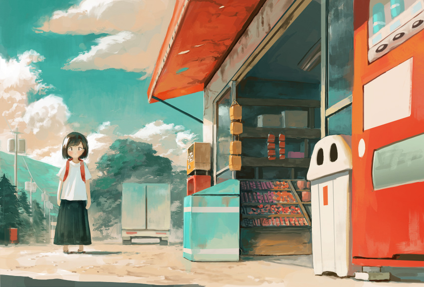 1girl, arms_at_sides, backpack, bag, bangs, black_eyes, black_hair, black_skirt, blue_sky, clouds, commentary, day, dirt_road, display_case, expressionless, fjsmu, ground_vehicle, highres, long_skirt, long_sleeves, looking_at_viewer, motor_vehicle, mountain, original, outdoors, power_lines, power_pole, road, sandals, scenery, shelf, shirt, shop, short_hair, short_sleeves, skirt, sky, solo, trash_can, tree, truck, vending_machine, white_shirt, wide_shot