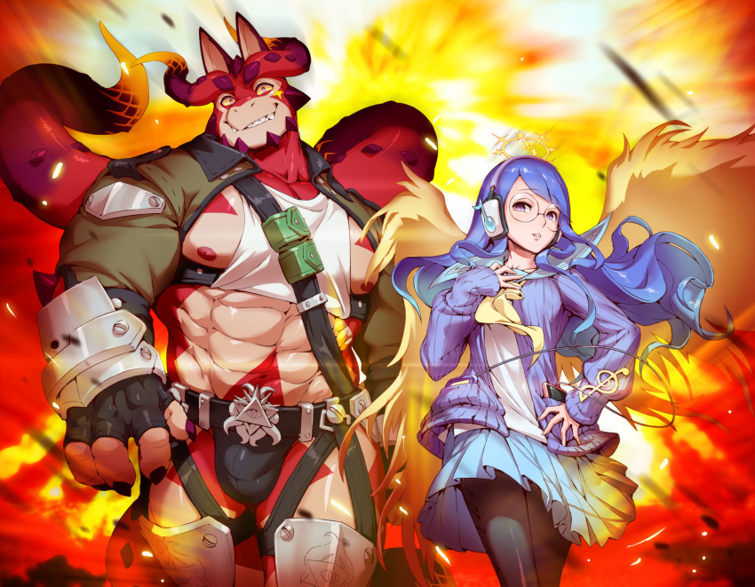 1boy, 1girl, belt, blue_hair, bright_pupils, cardigan, cellphone, cthugha_(tokyo_houkago_summoners)