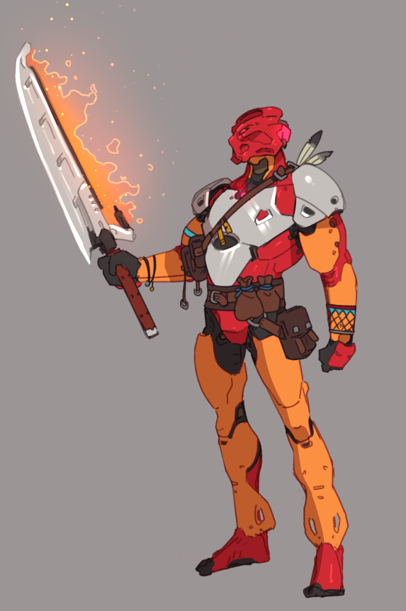 1boy, bionicle, clenched_hand, flaming_sword, flaming_weapon, grey_background, holding, holding_sword