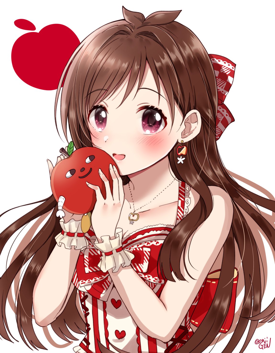 1girl, apple, breasts, brown_hair, close-up, earrings, food, food_themed_earrings
