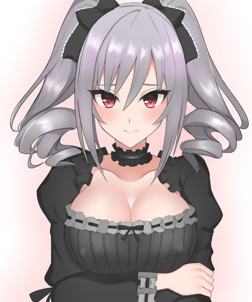 1girl, absurdres, argule0901, black_choker, black_dress, black_ribbon, breasts, choker