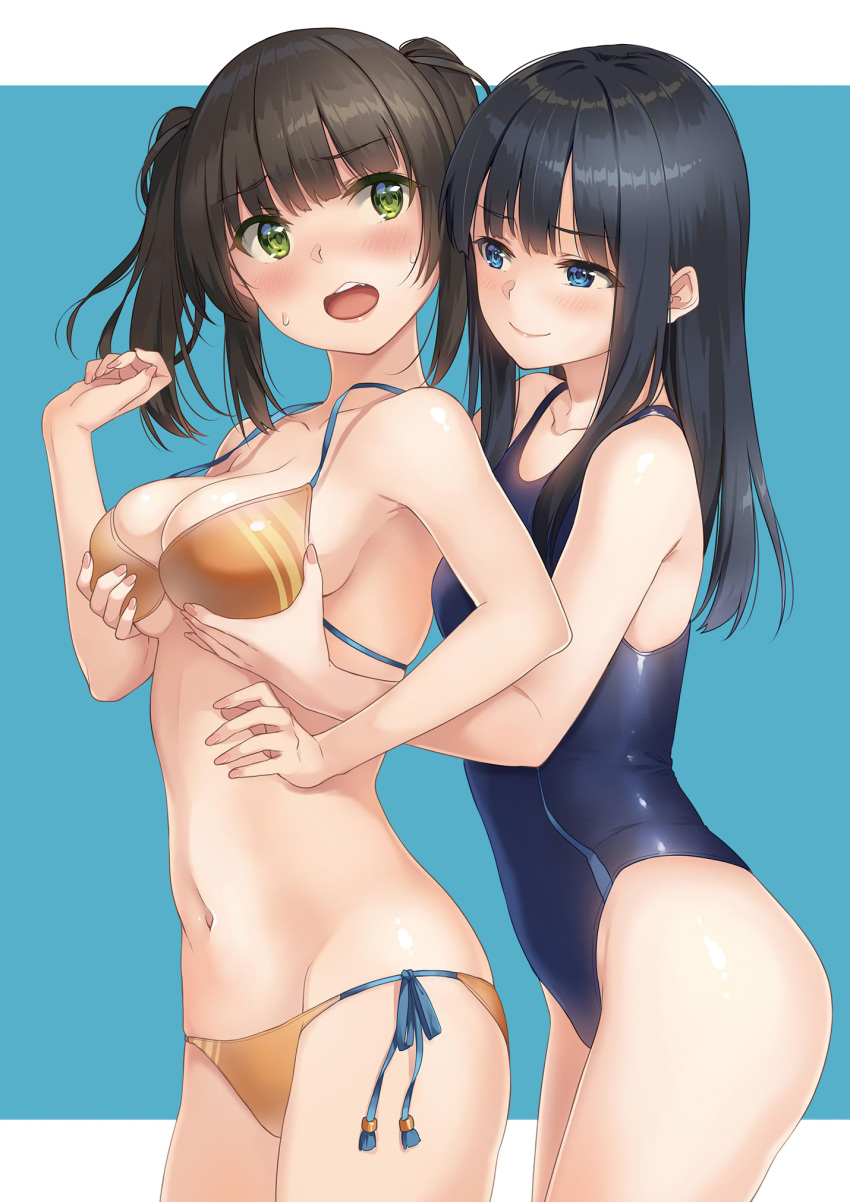 2girls, bikini, black_hair, blue_eyes, blue_swimsuit, blush, breast_grab, breast_lift