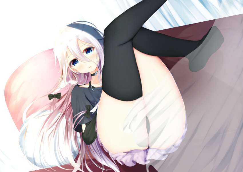 1girl, :d, aties20, bangs, black_bow, black_legwear, black_panties, black_shirt