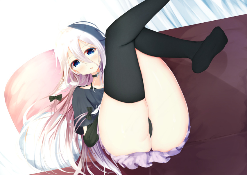 1girl, :d, aties20, bangs, black_bow, black_legwear, black_panties, black_shirt, blue_eyes, blush, bow, brown_hair, commentary_request, eyebrows_visible_through_hair, gradient_hair, hair_between_eyes, hair_bow, ia_(vocaloid), legs_up, long_hair, looking_at_viewer, multicolored_hair, no_shoes, off-shoulder_shirt, off_shoulder, on_chair, open_mouth, panties, pillow, pleated_skirt, purple_skirt, shirt, skirt, smile, soles, solo, thigh-highs, underwear, very_long_hair, vocaloid, white_hair