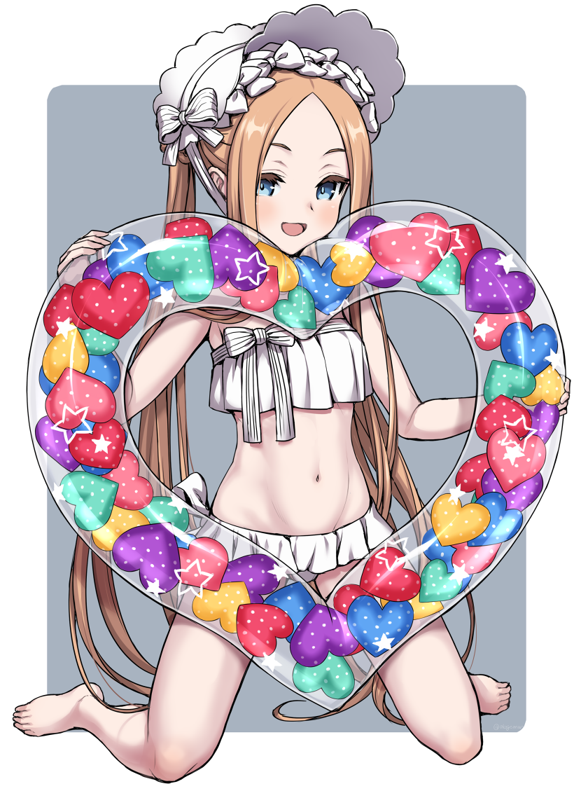 1girl, abigail_williams_(fate/grand_order), abigail_williams_(swimsuit_foreigner)_(fate), bangs, bare_shoulders, bikini, blonde_hair, blue_eyes, blush, bonnet, border, bow, breasts, fate/grand_order, fate_(series), forehead, grey_background, innertube, kneeling, long_hair, looking_at_viewer, multiple_bows, navel, open_mouth, parted_bangs, sidelocks, small_breasts, smile, swimsuit, tanaka_gorbachev, twintails, white_bikini, white_border, white_bow, white_headwear