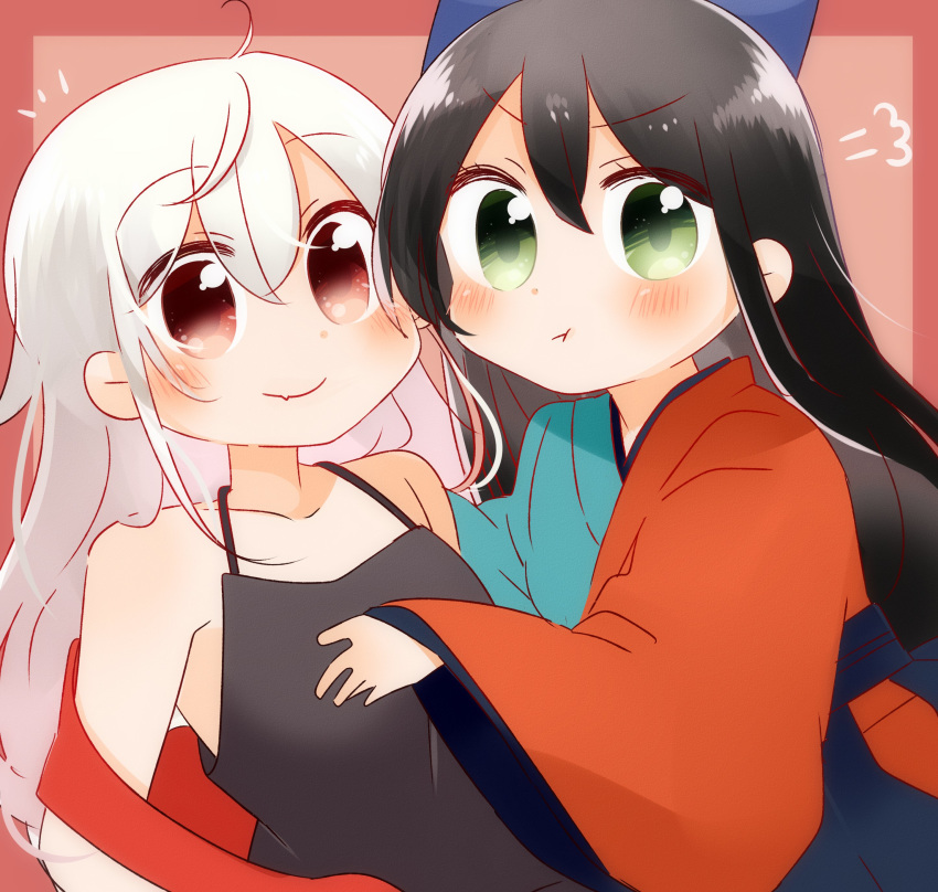 absurdres, ahoge, arm_ribbon, black_bow, black_hair, black_hakama, black_shirt, bow