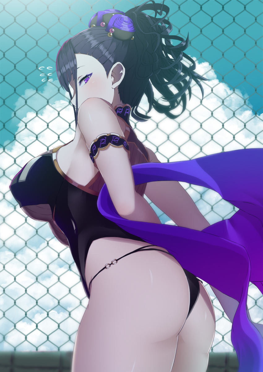 1girl, arm_strap, ashino_moto, ass, bangs, bare_shoulders, black_swimsuit, blush