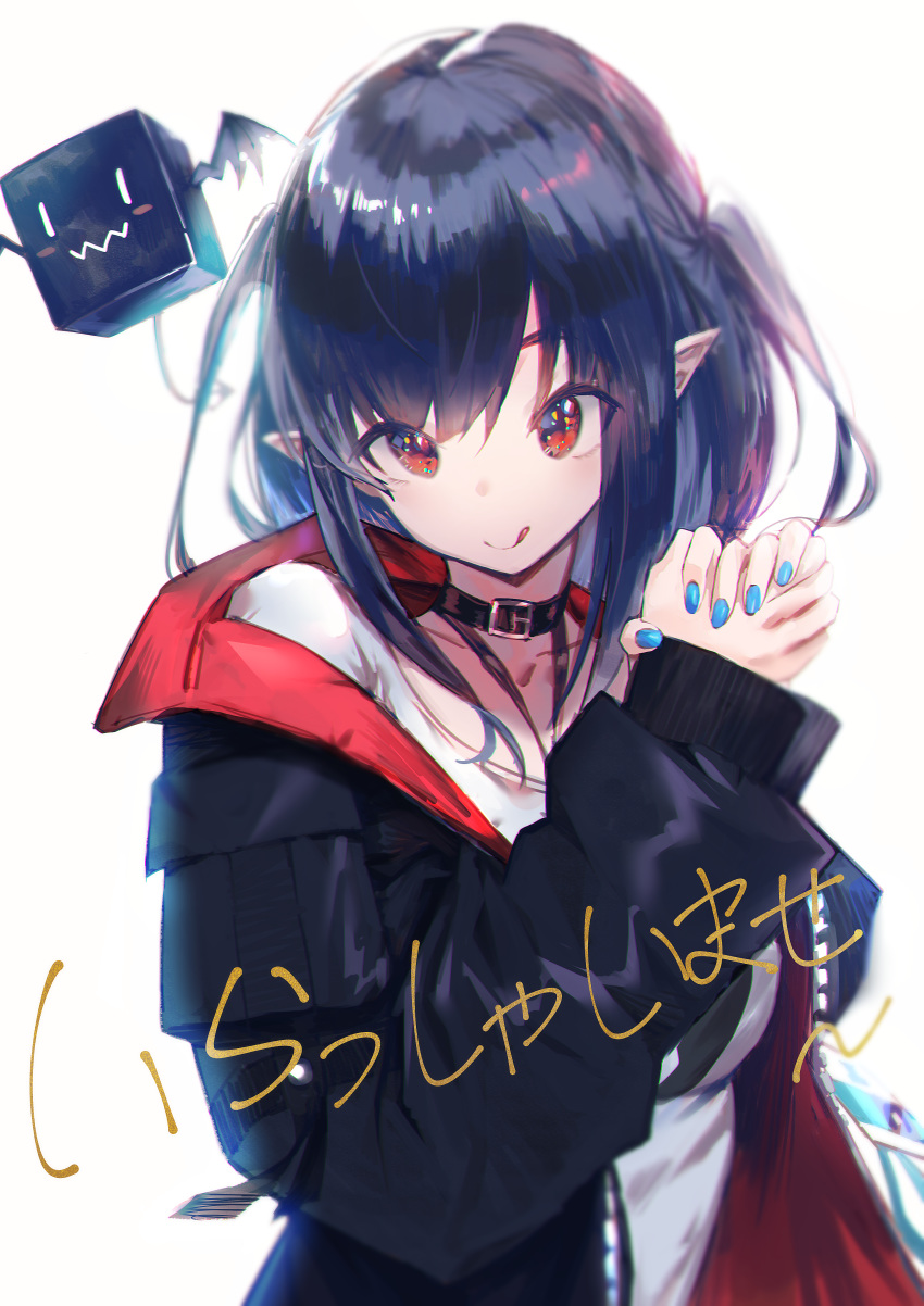 1girl, :p, absurdres, arknights, bangs, black_hair, black_jacket, blue_nails