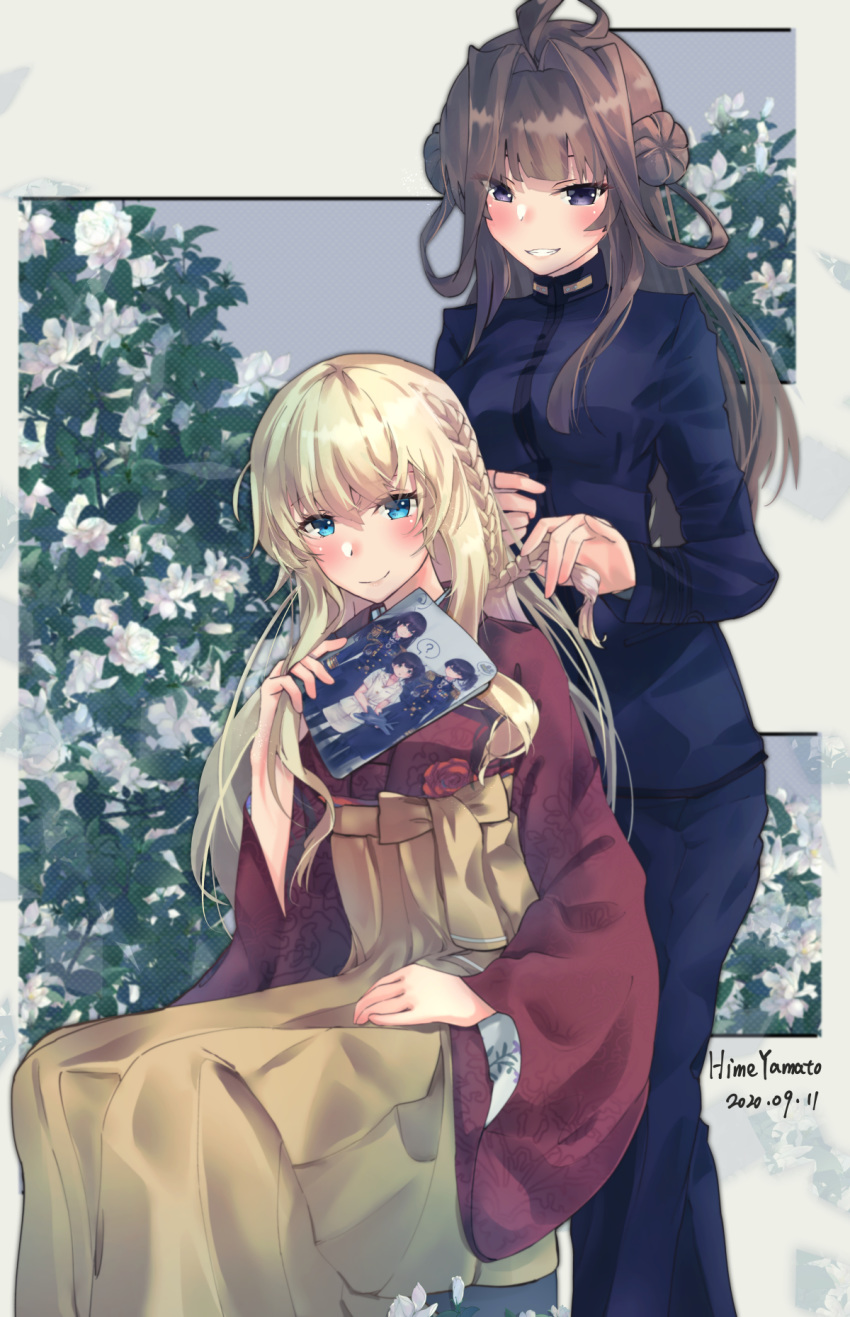 2girls, ahoge, alternate_costume, blonde_hair, blue_eyes, blue_pants, blue_shirt, braiding_hair