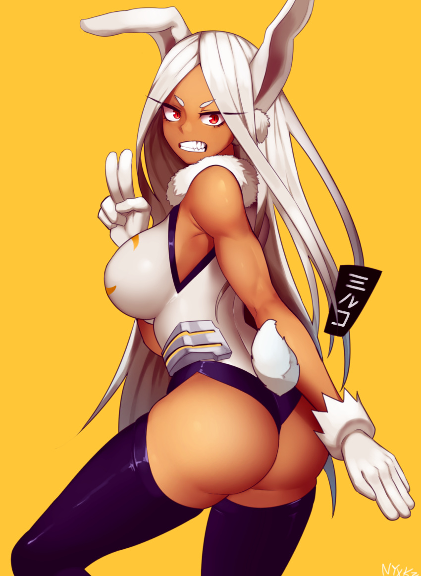 1girl, animal_ears, ass, bangs, boku_no_hero_academia, breasts, bunny_tail, dark_skin
