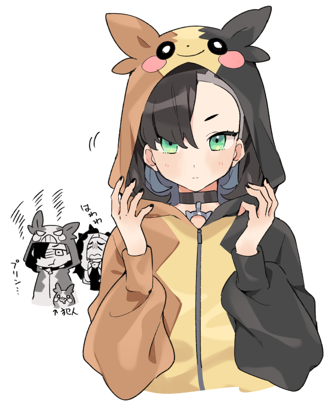 1boy, 1girl, 1other, akagashi_hagane, angry, asymmetrical_bangs, bangs, black_choker