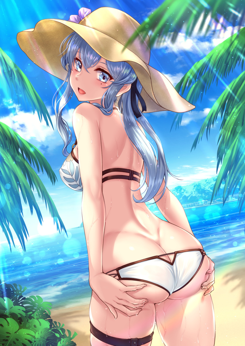 1girl, ass, ass_support, bikini, blue_eyes, blue_hair, blush, breasts, butt_crack, eyebrows_visible_through_hair, from_behind, gotland_(kantai_collection), hair_between_eyes, hat, highres, kantai_collection, long_hair, looking_at_viewer, looking_back, mole, mole_under_eye, open_mouth, ryu-akt, smile, solo, sun_hat, swimsuit, thighs, white_bikini