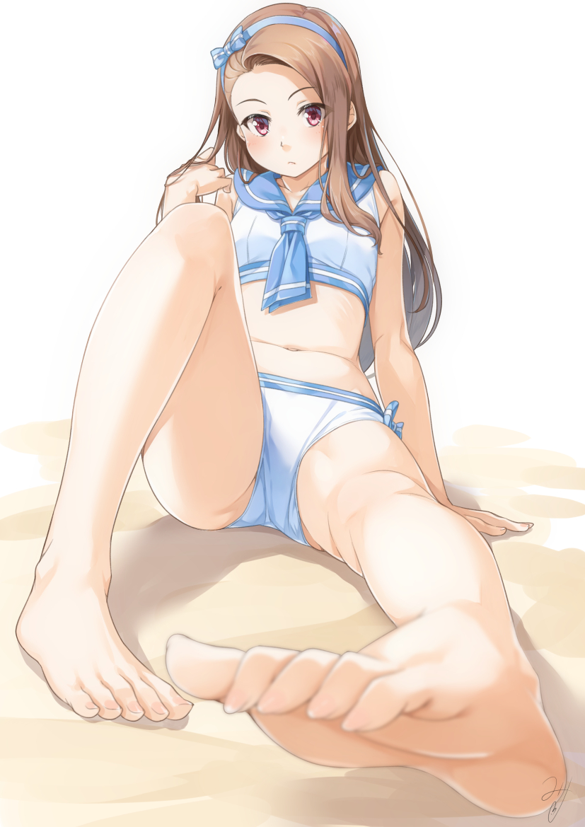1girl, bare_shoulders, barefoot, beach, bikini, blurry_foreground, blush, bow_hairband