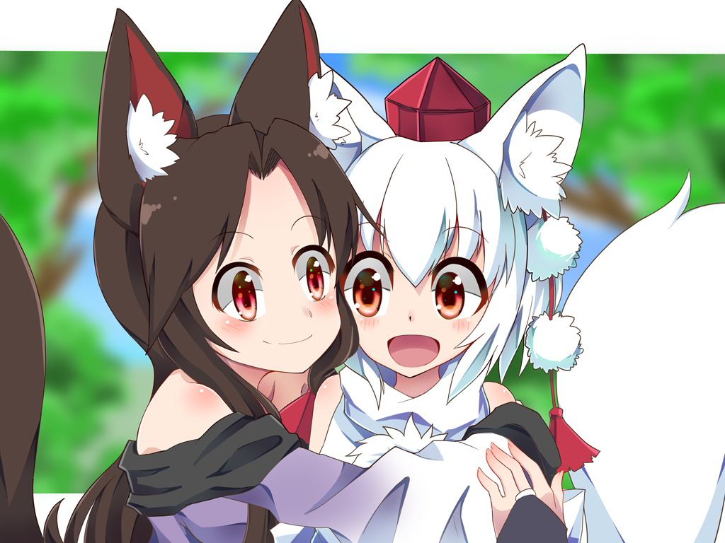 2girls, animal_ears, bare_shoulders, brown_hair, closed_mouth, detached_sleeves, dress, eyebrows_visible_through_hair, hat, hug, imaizumi_kagerou, inubashiri_momiji, jeff17, long_hair, long_sleeves, multiple_girls, off-shoulder_dress, off_shoulder, open_mouth, pom_pom_(clothes), red_eyes, shirt, short_hair, silver_hair, sleeveless, sleeveless_shirt, tail, tokin_hat, touhou, turtleneck, white_shirt, wolf_ears, wolf_tail