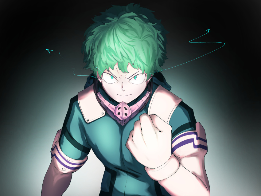 >:(, 1boy, absurdres, aqua_eyes, bangs, black_background, boku_no_hero_academia, clenched_hand, closed_mouth, commentary, d-log, gloves, glowing, gradient, gradient_background, green_eyes, green_hair, hand_up, highres, long_sleeves, looking_at_viewer, male_focus, midoriya_izuku, pale_skin, short_hair, solo, upper_body, v-shaped_eyebrows, white_gloves