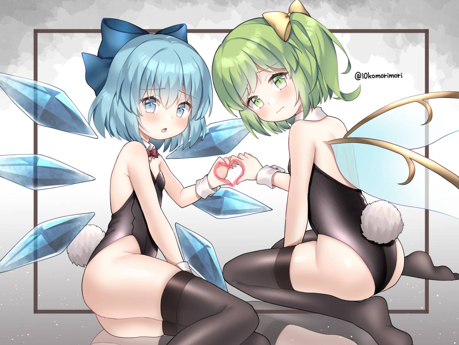 2girls, alternate_costume, ass, bangs, bare_arms, bare_shoulders, black_legwear, black_leotard