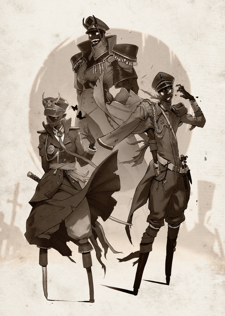 1girl, 2boys, absurdres, belt, black_skin, boots, breasts, bug