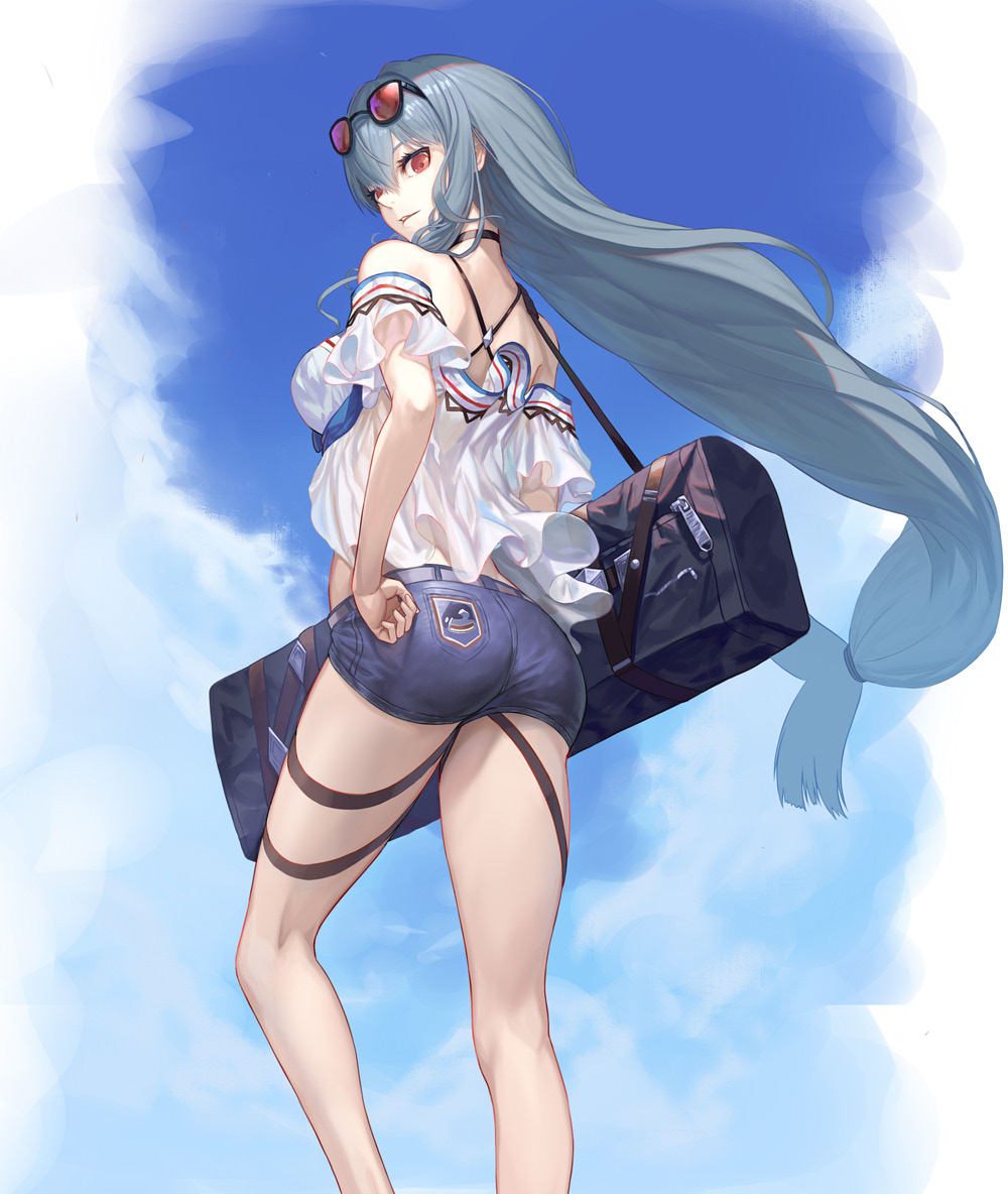 1girl, arknights, ass, bag, bare_shoulders, black_choker, blue_sky, breasts
