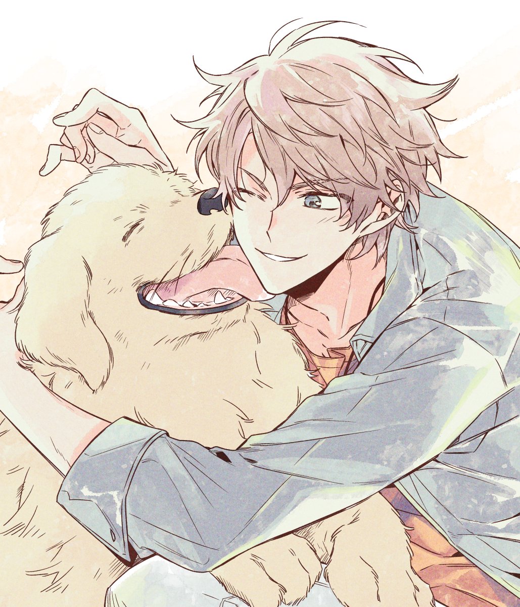 175x172nyrn, 1boy, argonavis_from_bang_dream!, bang_dream!, brown_hair, dog, face_licking, goryou_yuuto, grin, highres, hug, jacket, licking, male_focus, one_eye_closed, simple_background, smile