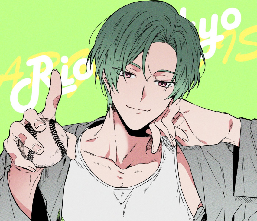 175x172nyrn, 1boy, argonavis_from_bang_dream!, bang_dream!, baseball, character_name, english_text, green_background, green_hair, group_name, hand_rest, highres, jacket, kikyou_riou, male_focus, mole, mole_under_eye, solo, tank_top