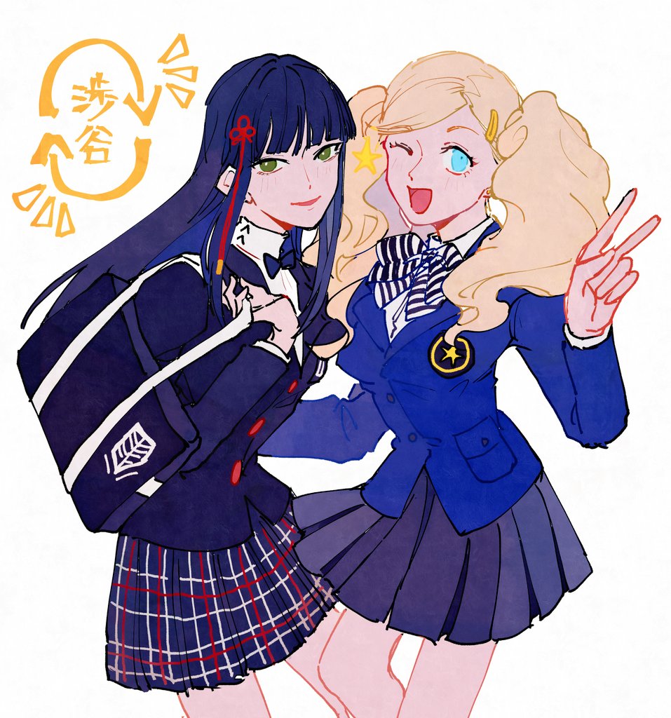 2girls, ;d, blazer, blonde_hair, blue_eyes, blue_hair, bow, breasts