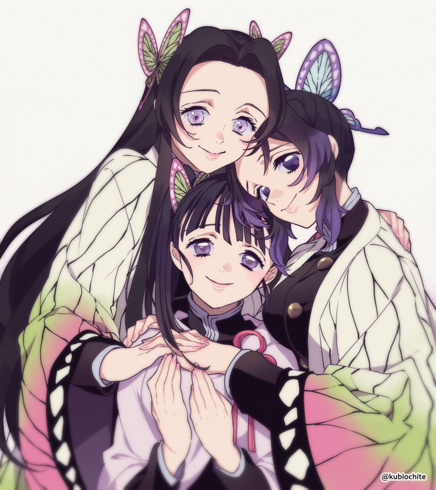 3girls, animal_print, bangs, black_hair, bug, butterfly, butterfly_hair_ornament, butterfly_print