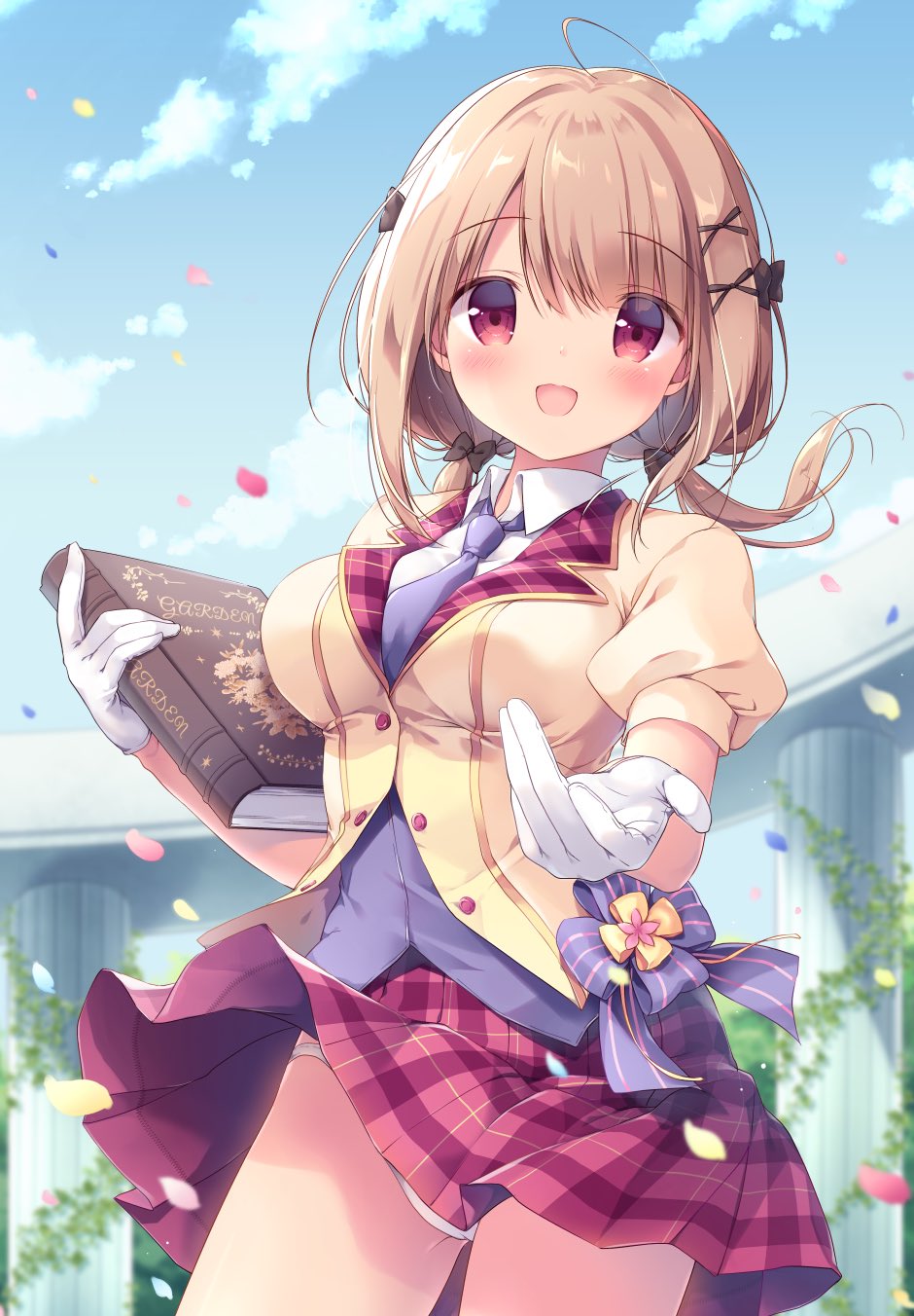 1girl, :d, ass_visible_through_thighs, bangs, black_bow, blazer, blush, book, bow, breasts, brown_hair, brown_jacket, collared_shirt, commentary_request, day, eyebrows_visible_through_hair, gloves, hair_between_eyes, hair_bow, highres, holding, holding_book, jacket, long_hair, looking_at_viewer, low_twintails, medium_breasts, miyasaka_nako, necktie, open_mouth, original, outdoors, panties, plaid, plaid_skirt, pleated_skirt, puffy_short_sleeves, puffy_sleeves, purple_neckwear, purple_vest, red_eyes, red_skirt, school_uniform, shirt, short_sleeves, skirt, smile, solo, twintails, underwear, vest, white_gloves, white_panties, white_shirt