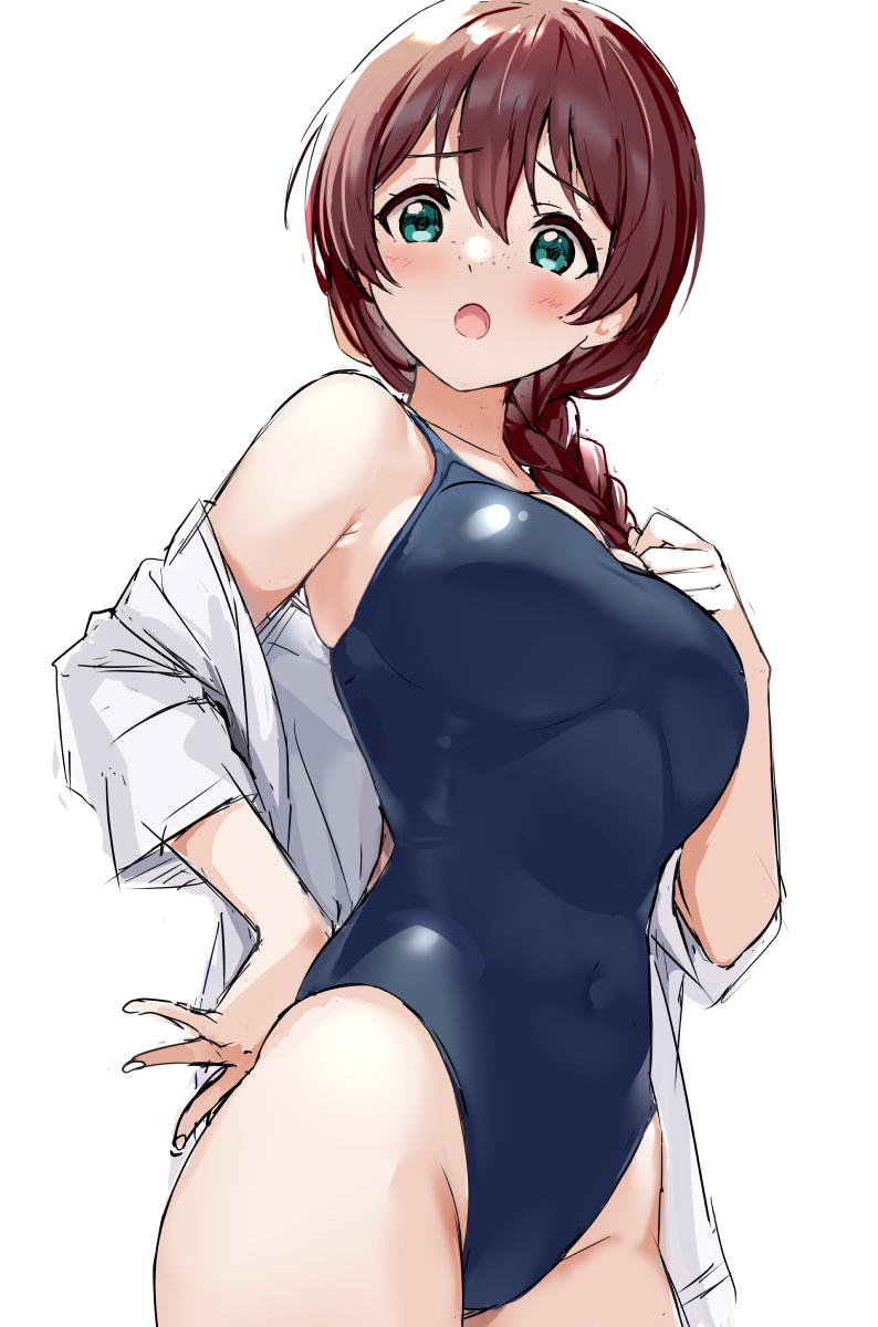 1girl, :o, aqua_eyes, bangs, bare_shoulders, black_swimsuit, blush, braid