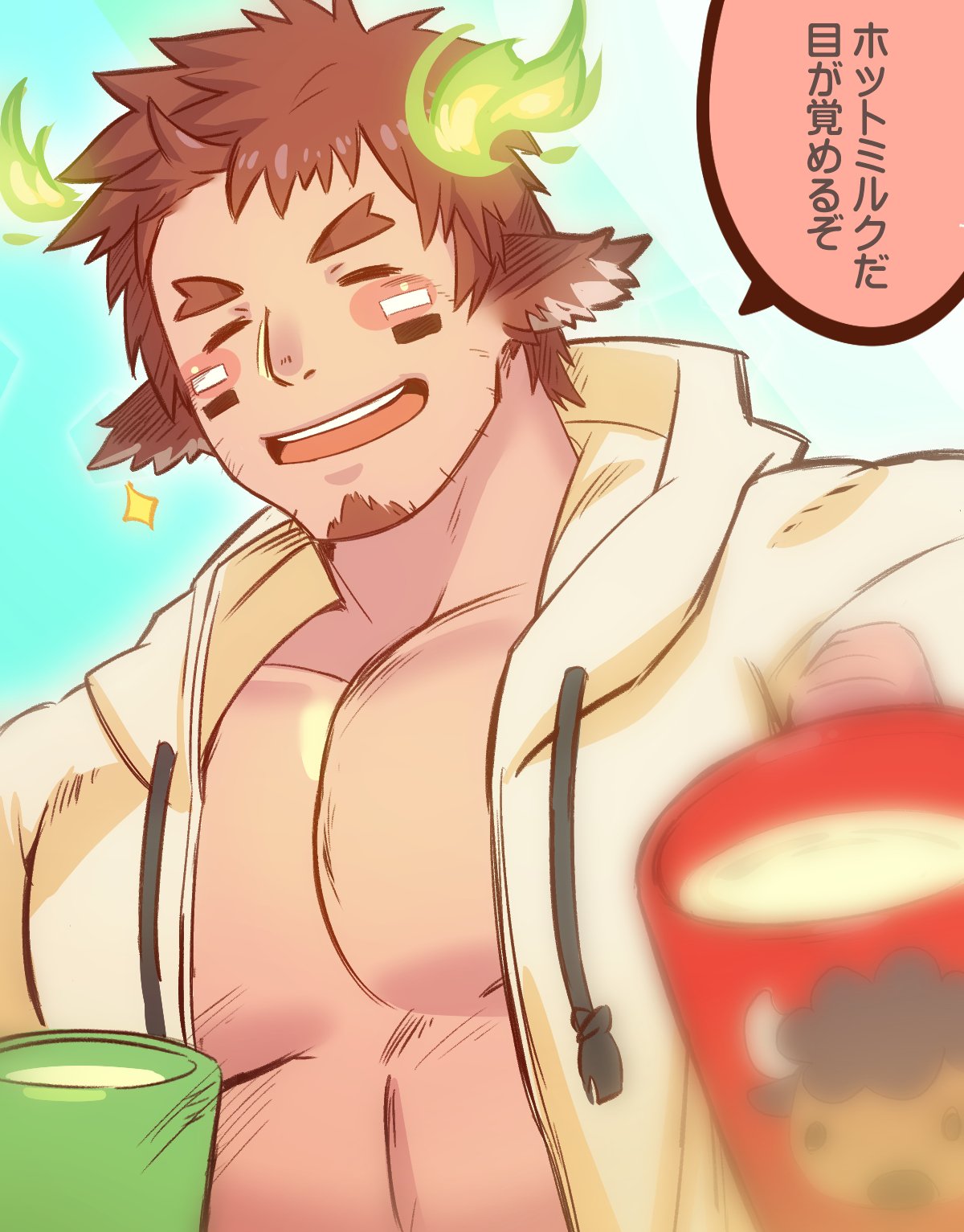 1boy, abs, alternate_costume, animal_ears, bangs, bara, blush, brown_hair