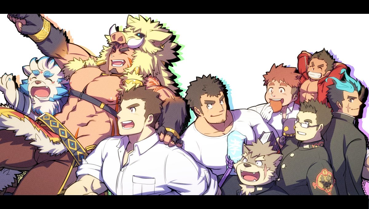 6+boys, abs, agyo_(tokyo_houkago_summoners), animal_hood, arms_behind_head, bara, black_hair, blue_fur, brown_eyes, brown_fur, brown_hair, bulge, chest, chest_harness, eating, facial_hair, fang, forked_eyebrows, fox_boy, furry, glasses, goatee, gullinbursti_(tokyo_houkago_summoners), hand_on_another's_shoulder, harness, hood, kengo_(tokyo_houkago_summoners), male_focus, manly, master_3_(tokyo_houkago_summoners), moritaka_(tokyo_houkago_summoners), multiple_boys, musashi_(tokyo_houkago_summoners), muscle, navel, nipples, orange_hair, pectorals, revealing_clothes, ryota_(tokyo_houkago_summoners), shiro_(tokyo_houkago_summoners), shirtless, short_hair, sideburns, thick_thighs, thighs, toji_(tokyo_houkago_summoners), tokyo_houkago_summoners, two-tone_fur, waku_(ayamix), white_background, white_fur