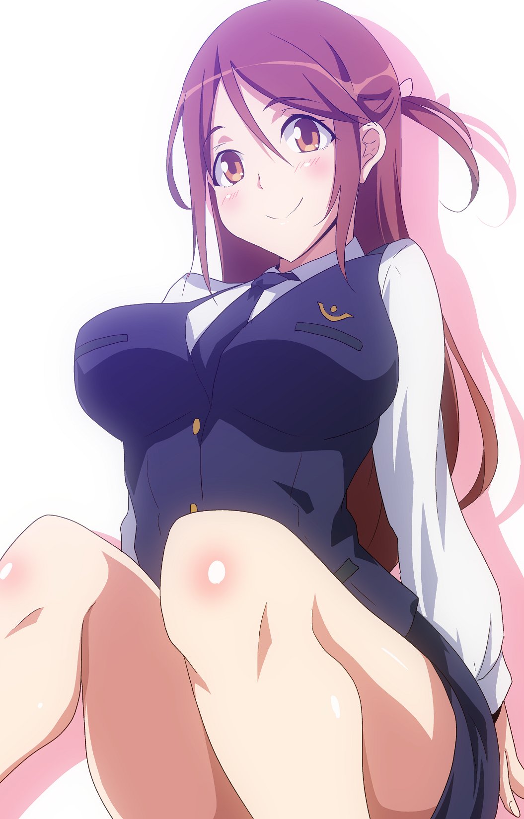 1girl, blush, breasts, brown_eyes, brown_hair, collared_shirt, folded_ponytail, highres