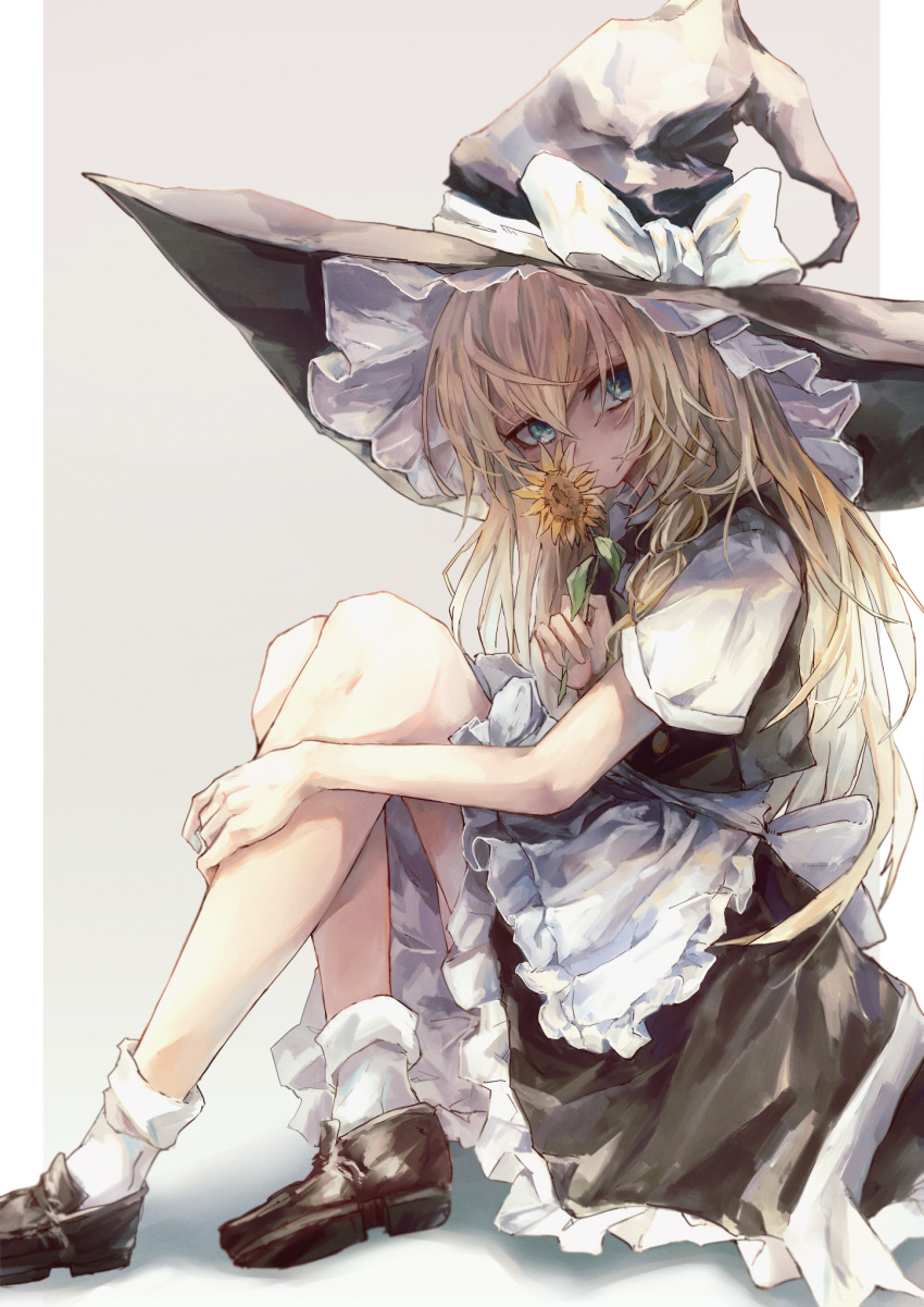 1girl, apron, black_dress, black_footwear, black_vest, blonde_hair, blue_eyes, bow, braid, buttons, dress, flower, frilled_dress, frills, full_body, hand_on_leg, hat, hat_bow, highres, kirisame_marisa, long_hair, mary_janes, safutsuguon, shoes, short_sleeves, side_braid, single_braid, sitting, smelling_flower, socks, solo, sunflower, touhou, vest, waist_apron, witch_hat