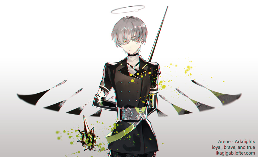 1boy, absurdres, arene_(arknights), arknights, arms_behind_back, bangs, black_gloves, black_shirt