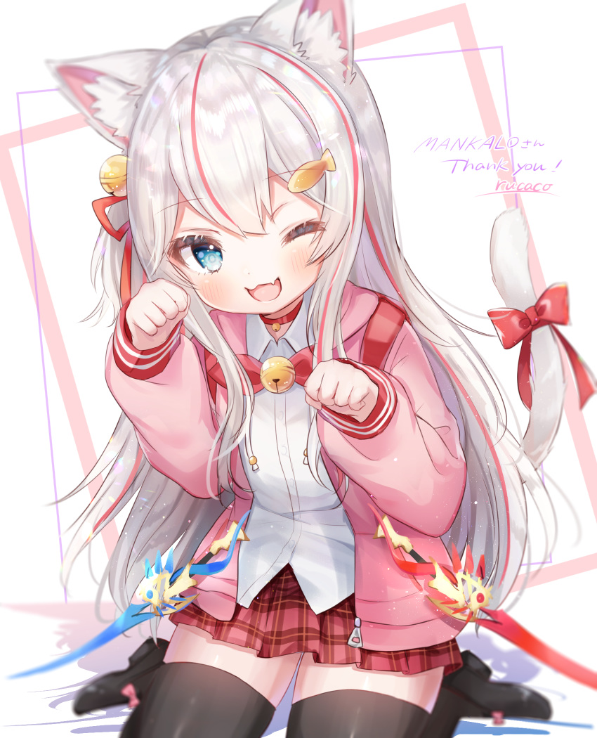 1girl, ;3, ;d, animal_ears, bangs, bell, bell_choker, black_footwear