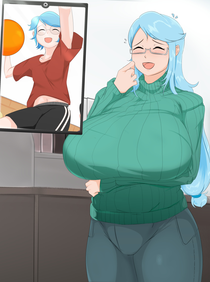 1girl, :d, absurdres, arm_under_breasts, bangs, basketball, black_shorts, blue_hair, breasts, cellphone, closed_eyes, curvy, english_commentary, glasses, green_sweater, highres, huge_breasts, huge_filesize, large_breasts, laughing, long_hair, mature, open_mouth, original, pants, phone, phone_screen, red_shirt, red_t-shirt, ribbed_sweater, setawar, shirt, short_sleeves, shorts, smartphone, smile, standing, sweater, swept_bangs, t-shirt, turtleneck