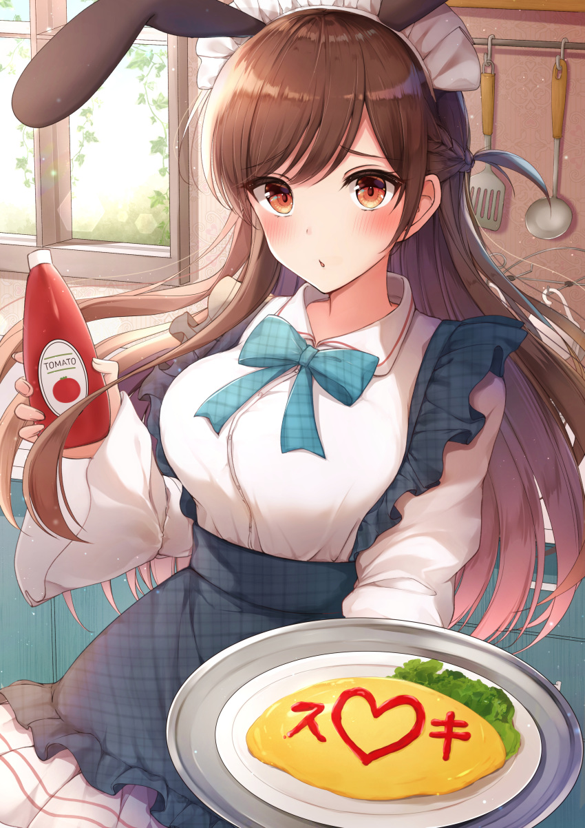1girl, absurdres, alternate_costume, animal_ears, apron, bangs, blue_apron, blush