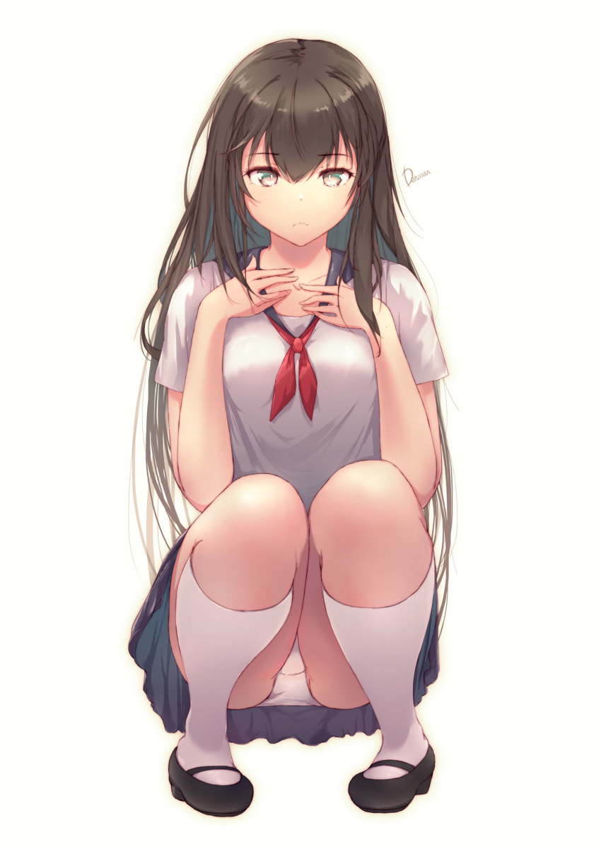 1girl, bangs, black_footwear, blue_skirt, brown_eyes, brown_hair, collarbone, commentary_request
