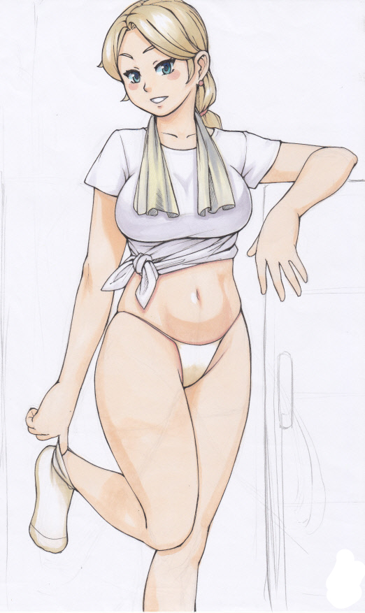 1girl, adjusting_clothes, adjusting_legwear, bikini, bikini_bottom, blonde_hair, blue_eyes, breasts