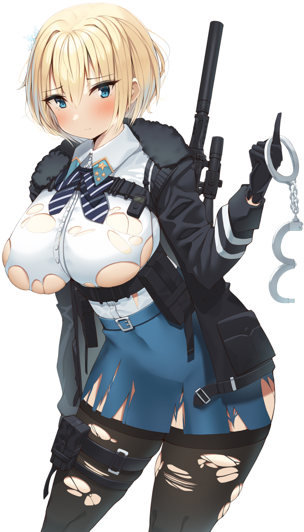 1girl, black_jacket, black_legwear, blonde_hair, blue_eyes, blue_skirt, breasts, cuffs