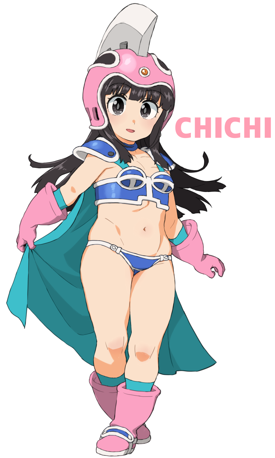1girl, armor, bikini, bikini_armor, black_eyes, black_hair, blue_bikini, boots