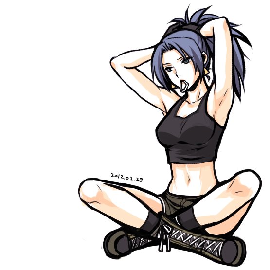1girl, armpits, arms_behind_head, arms_up, blue_eyes, blue_hair, boots, breasts