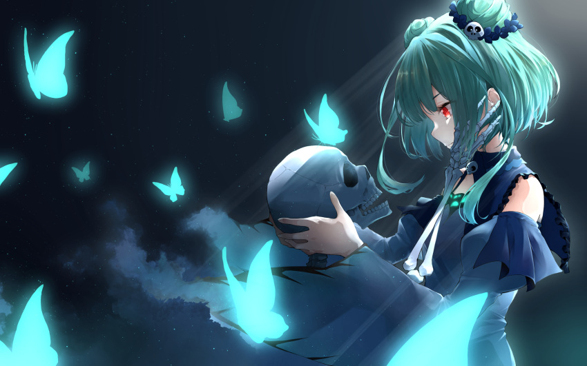1girl, bangs, blue_butterfly, blue_hairband, blunt_bangs, bug, butterfly, closed_mouth