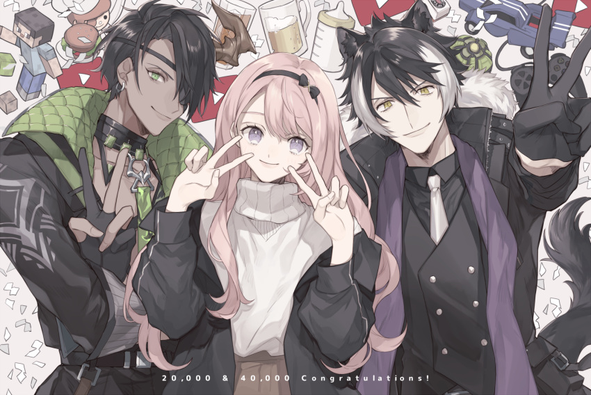3boys, alcohol, androgynous, animal_ears, aragami_ouga, baby_bottle, beer, belt_buckle, black_bow, black_coat, black_gloves, black_hair, black_jacket, black_pants, bottle, bow, buckle, buttons, car, closed_mouth, coat, commentary_request, controller, cup, dark_skin, dark_skinned_male, double_v, dualshock, food, game_controller, gamepad, gloves, green_eyes, ground_vehicle, hair_between_eyes, hair_bow, hairband, hamburger, holostars, horns, jackal_ears, jacket, kageyama_shien, long_hair, looking_at_viewer, male_focus, minecraft, motor_vehicle, multiple_boys, necktie, nr_hlst, otoko_no_ko, pants, pink_hair, playstation_controller, purple_scarf, scarf, short_hair, single_horn, smile, steve?, striped, striped_legwear, sweater, trinero, tsukishita_kaoru, turtleneck, turtleneck_sweater, v, violet_eyes, virtual_youtuber, white_neckwear, wing_collar, yellow_eyes