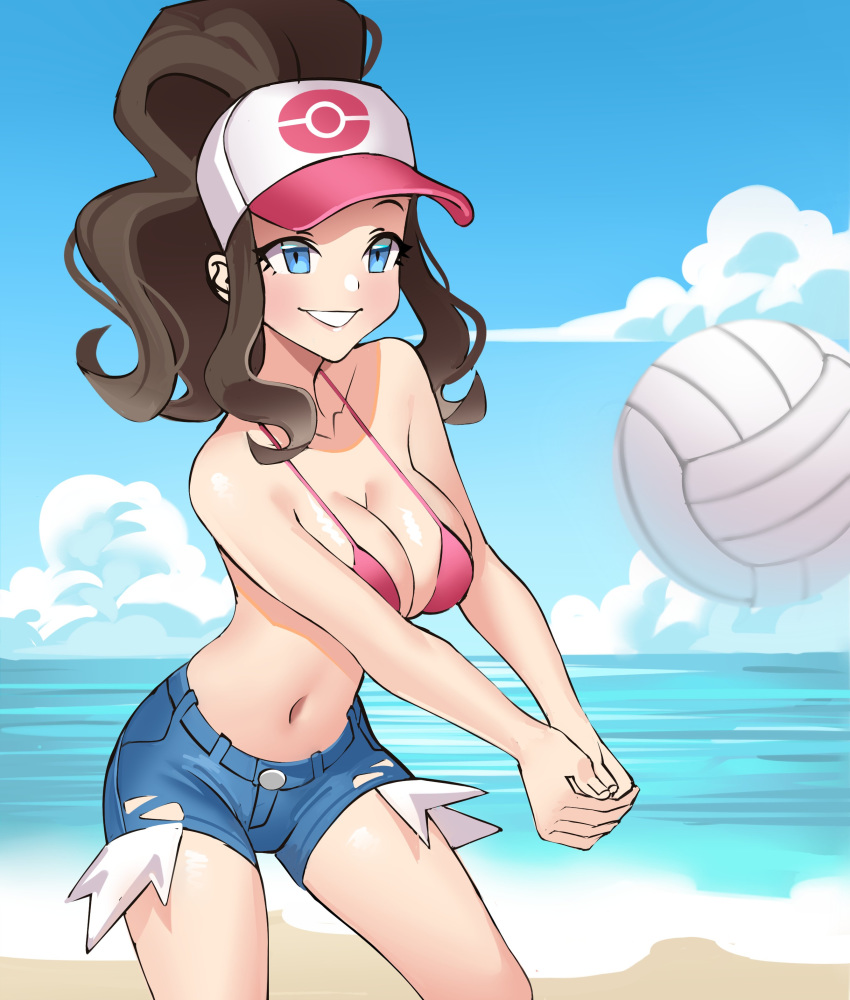 1girl, absurdres, beach, bikini, bikini_top, blue_eyes, breasts, brown_hair, creatures_(company), daniaeru, english_commentary, game_freak, highres, hilda_(pokemon), long_hair, medium_breasts, midriff, navel, nintendo, ocean, olm_digital, pink_bikini, pokemon, pokemon_(game), pokemon_bw, short_shorts, shorts, smile, solo, summer, swimsuit, the_pokemon_company, tied_hair, touko_(pokemon), visor_cap, volleyball